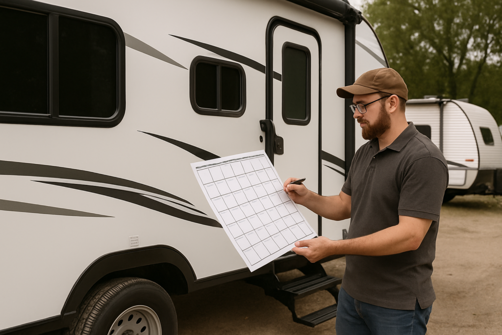 RV and trailer rental operator reviewing a fleet calendar beside a travel trailer